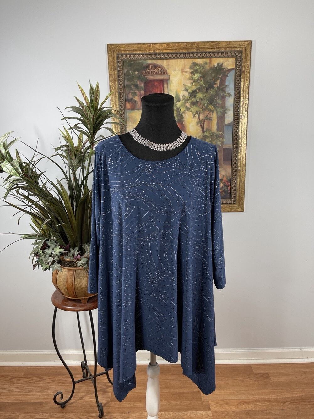 Antthony Blue Embellished Swing Tunic‎ Top Women’s Large 3/4 Sleeve Sharkbite